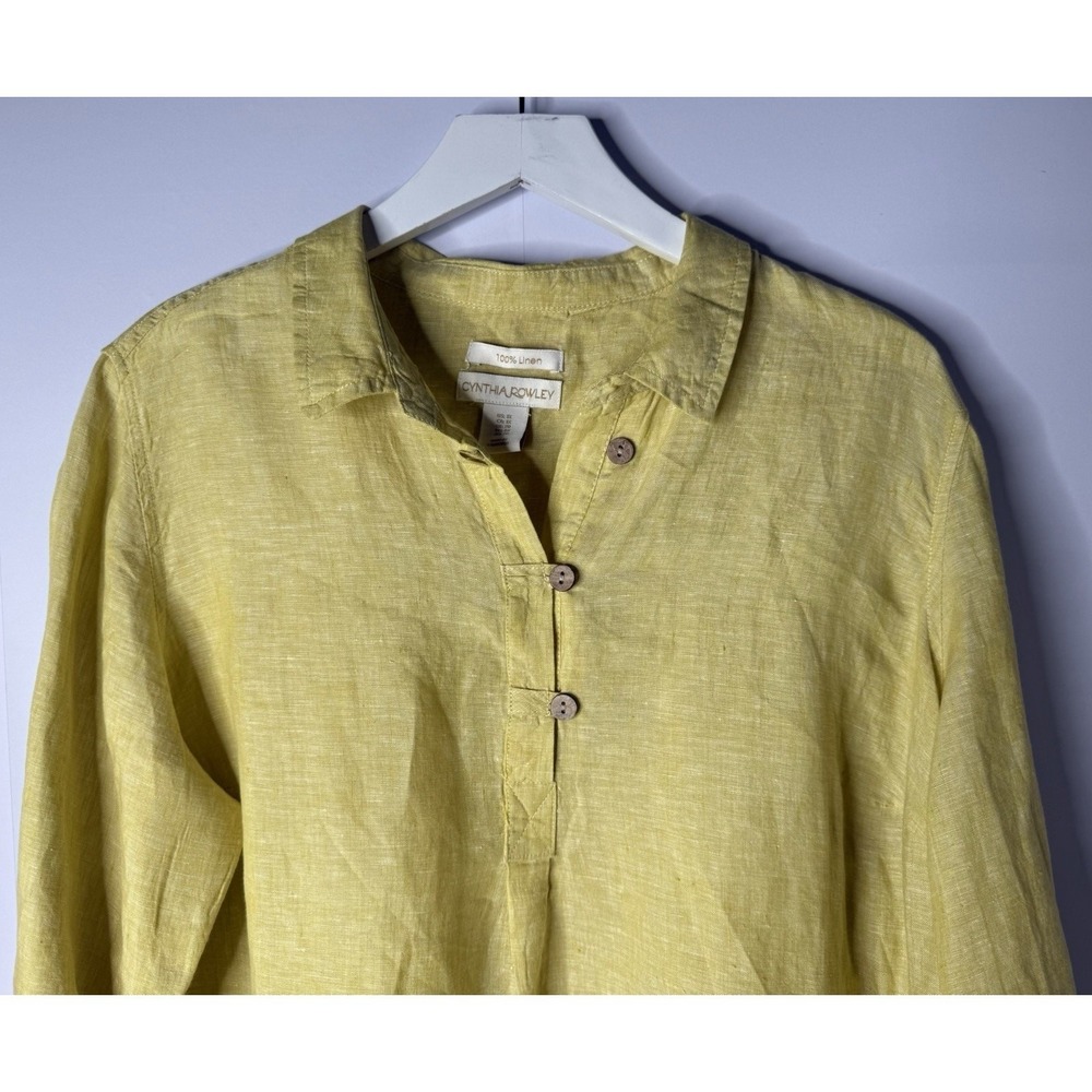 Cynthia Rowley Linen Henley Top Women 1X Yellow Coastal Minimalist‎ Lagenlook